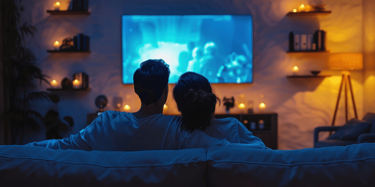 couple watching tv together at night
