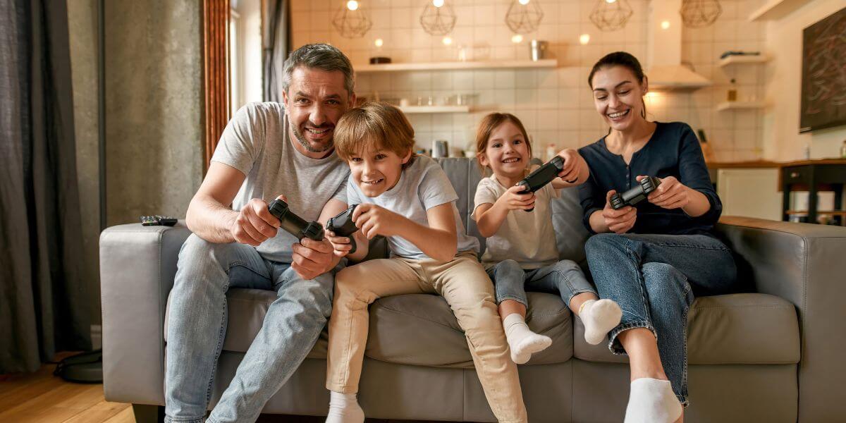 family playing video games