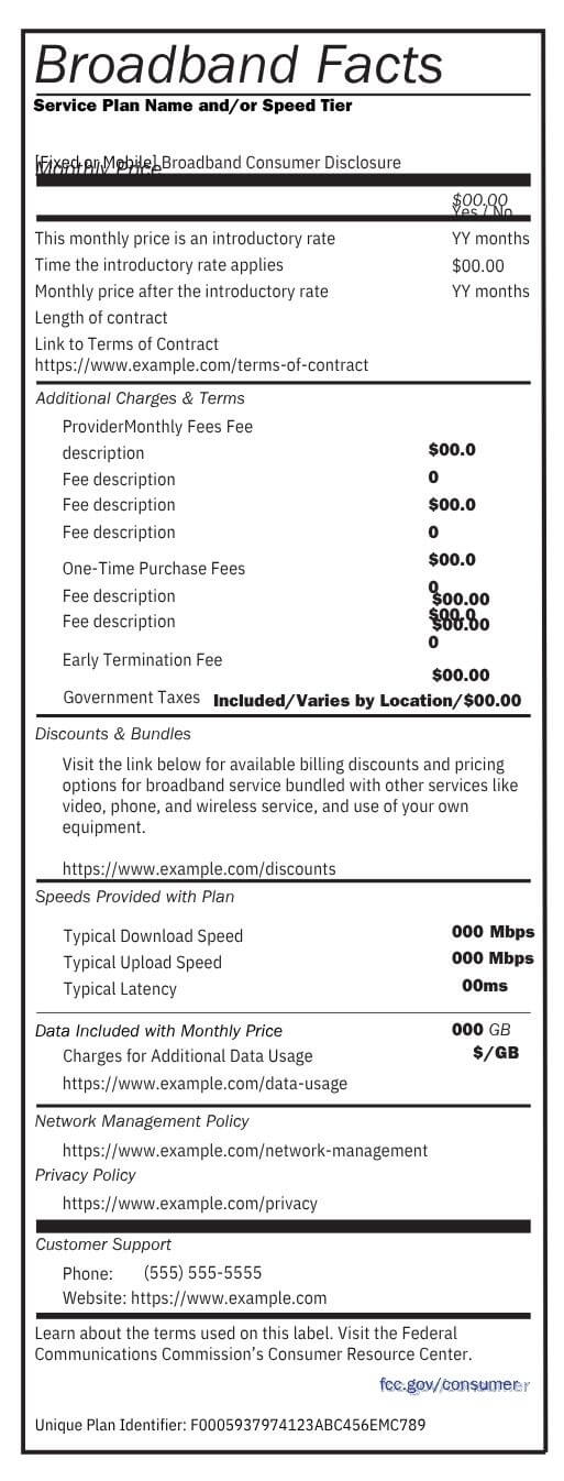 FCC broadband nutrition label