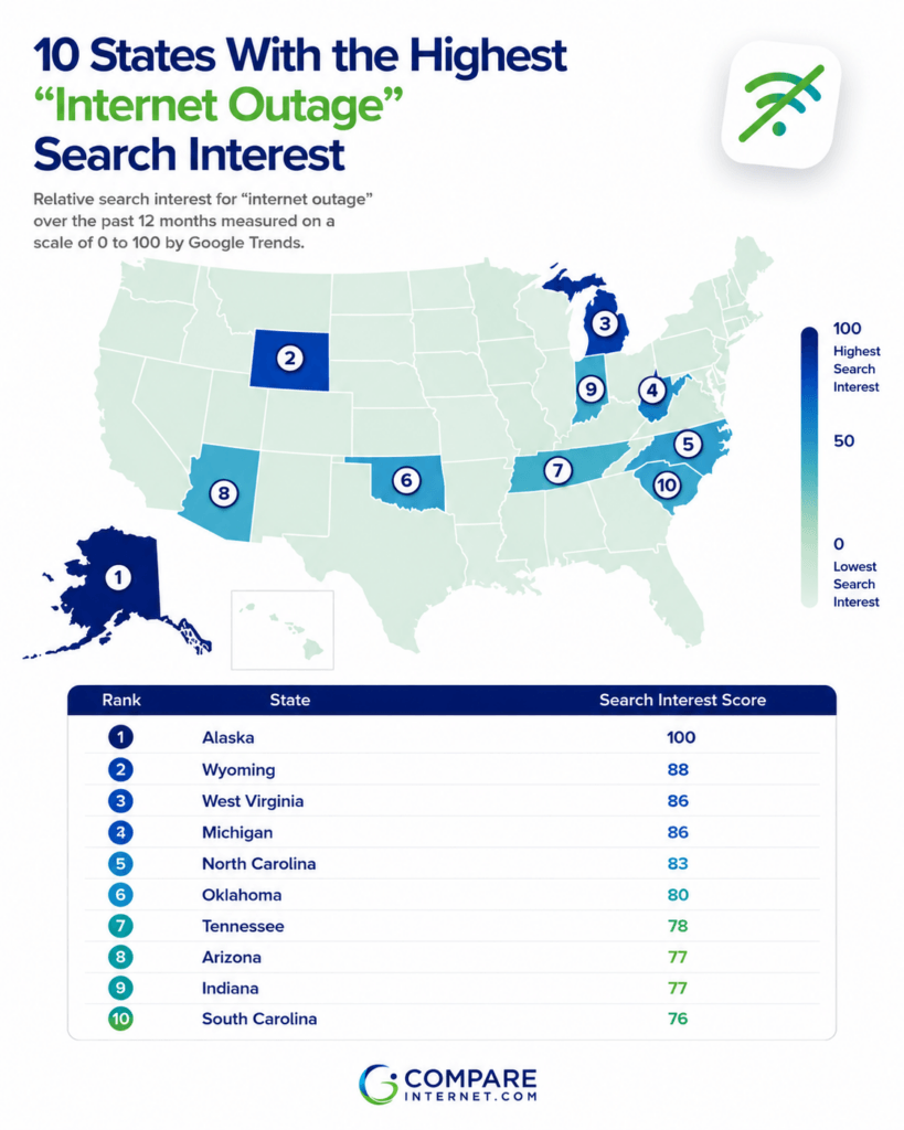 Map of States with High Outage Search Interest