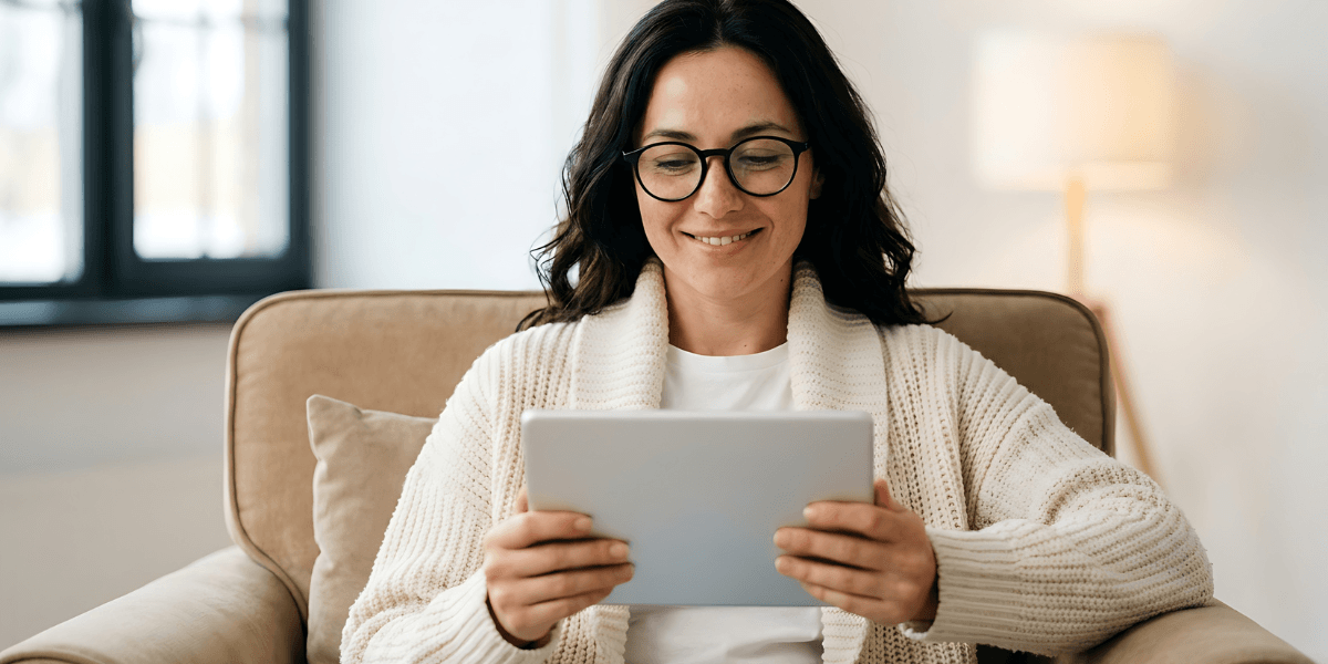 woman smiling at tablet
