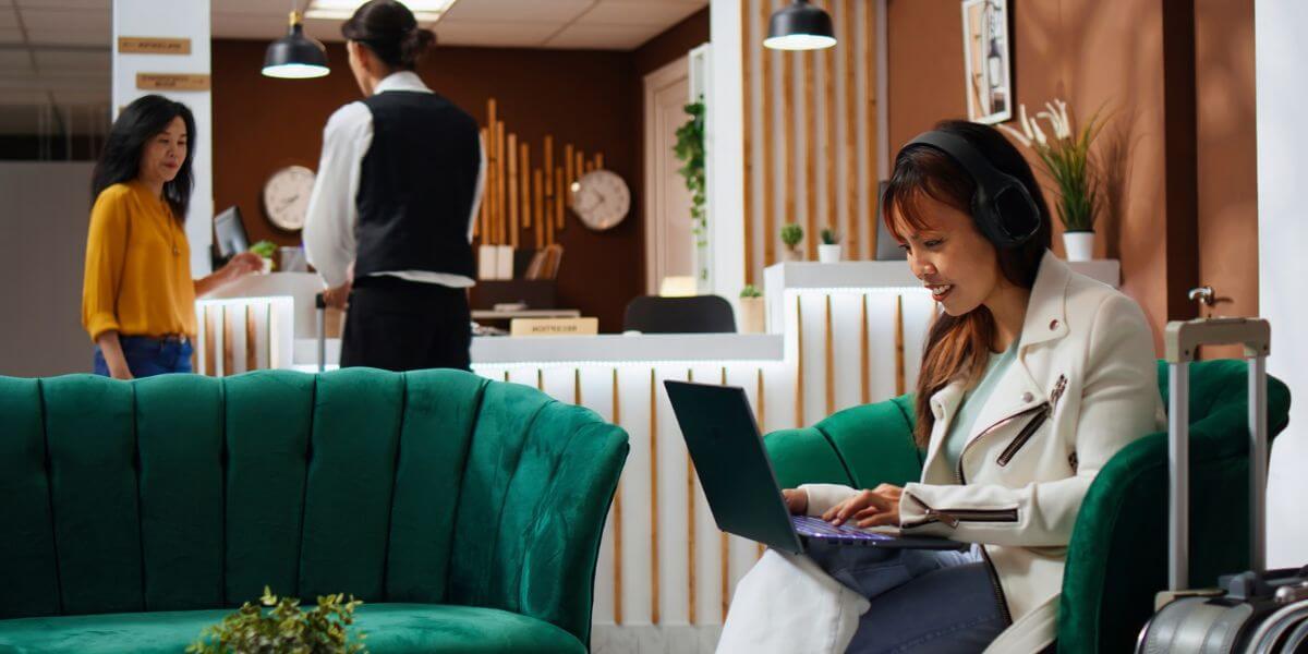 woman using laptop in lobby